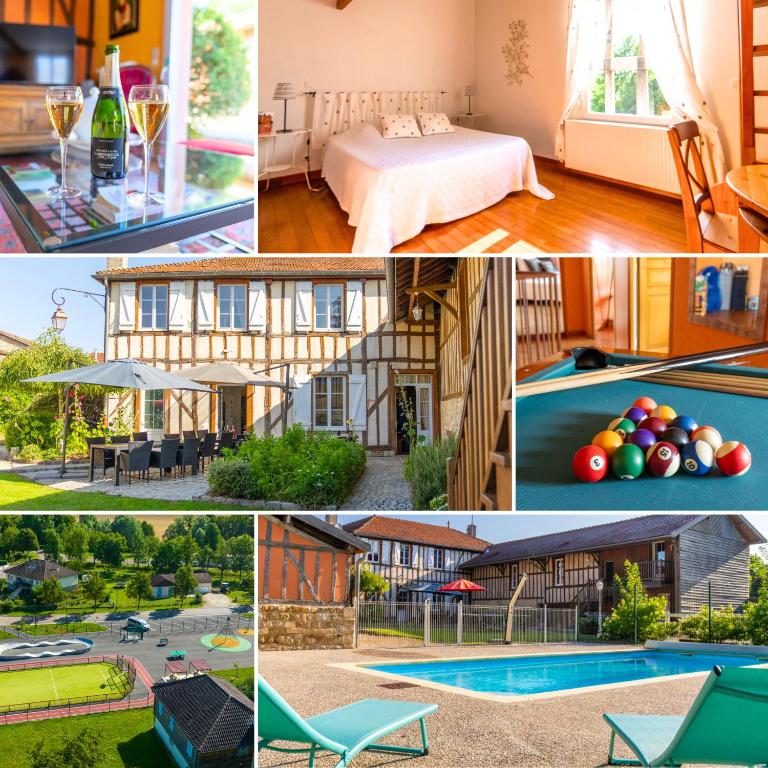 un collage de photos d'une maison avec une piscine dans l'établissement Gite les oiseaux_A Louvemont avec piscine chauffée, à Louvemont