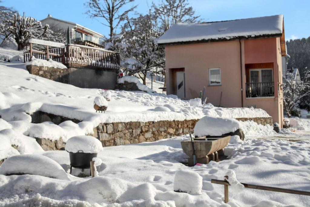 a yard covered in snow with a house at Maison spacieuse près de Gérardmer avec vue sur le lac in Gérardmer