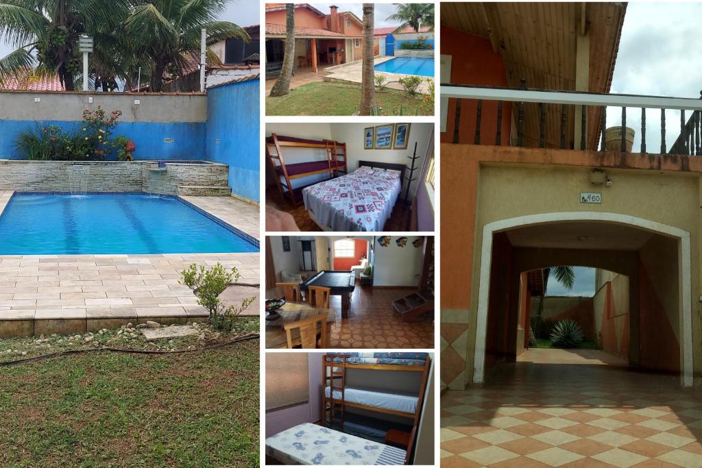 un collage de photos d'une piscine dans l'établissement Paraíso Beira Mar, Casa Temporada Itanhaém, 30m Praia, Vista Mar, Piscina, Hidro, Wi-Fi 500 mb, Snooker, Churrasqueira, Garagem Grande, Lazer e Descanso, à Itanhaém