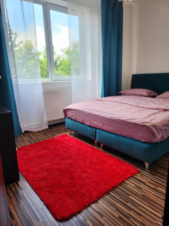 - une chambre avec 2 lits et un tapis rouge dans l'établissement Apartament Cochet Cozy Gara De Nord Metrou, à Bucarest