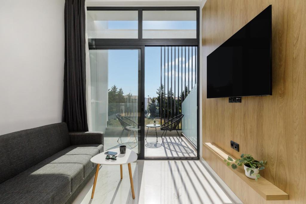 a living room with a couch and a tv on a wall at Petalouda in Kallithea Halkidikis