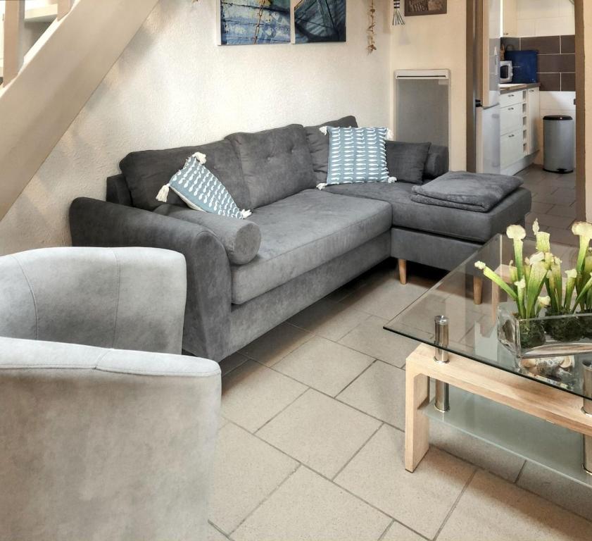 a living room with a couch and a table at Charmant appartement à Saint-Julien 40 m² avec vue jardin in Saint-Julien-en-Born