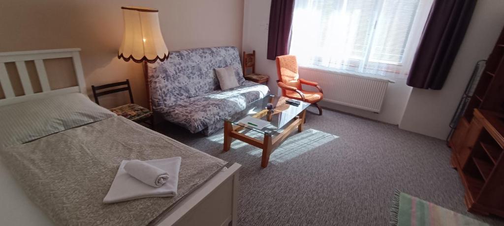 Postel nebo postele na pokoji v ubytování Apartmán Horní Slavkov Hodinářství