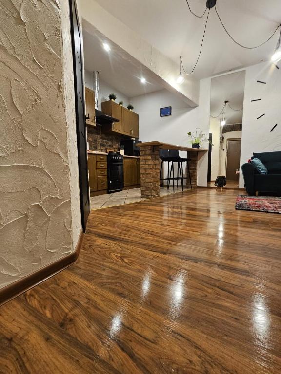 an open living room and kitchen with a hard wood floor at Loft in Sosnowiec