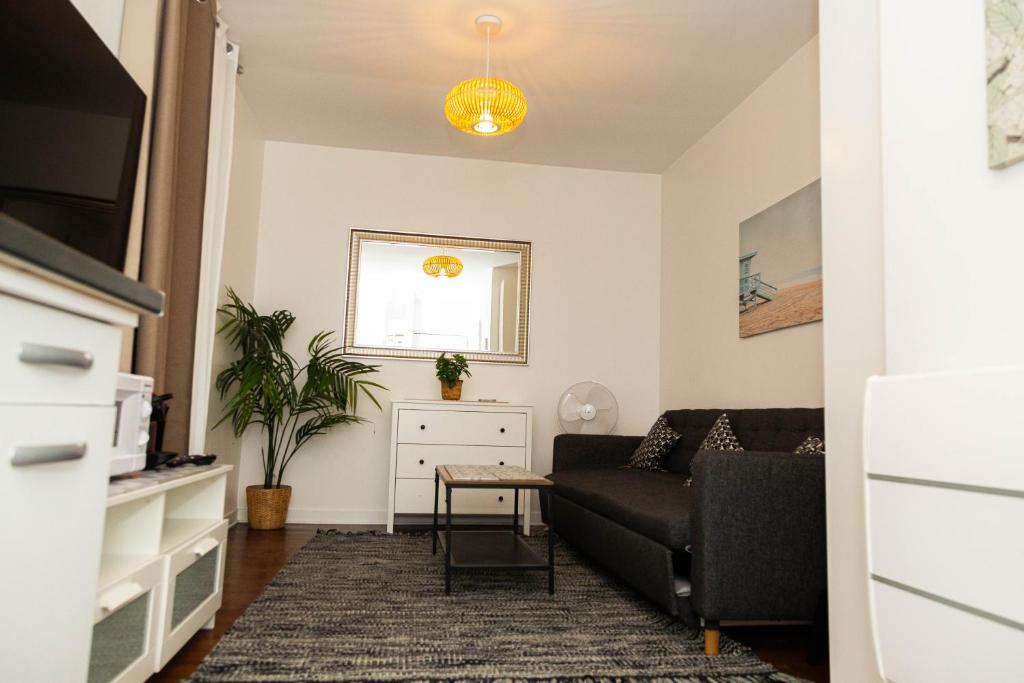 un salon avec un canapé et une table dans l'établissement studio cosy Stade de France 11 pour 2 personnes, à Saint-Denis