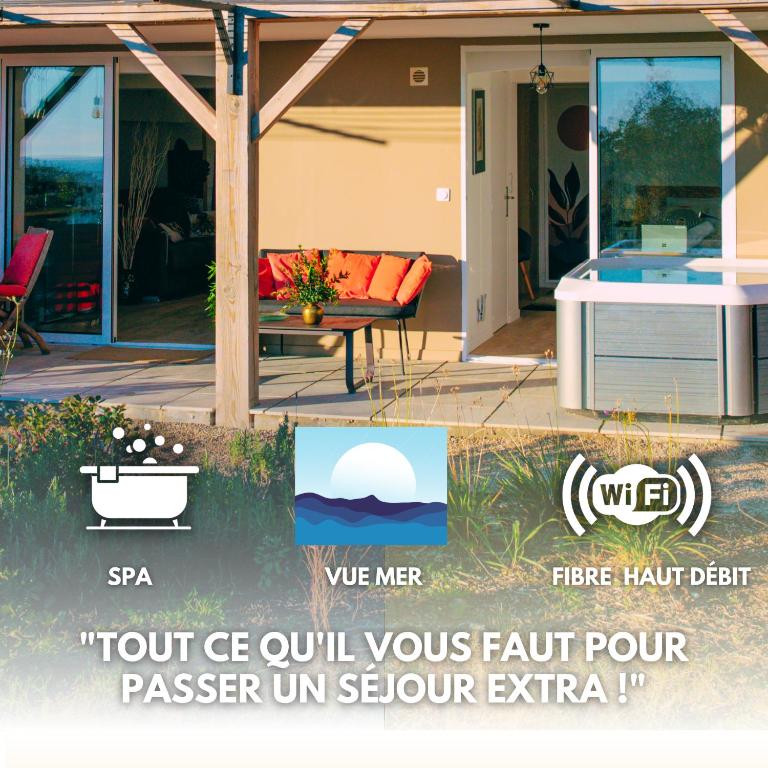 un prospectus pour une maison avec une table et des chaises dans l'établissement LE COCON D'AZUR Jacuzzi - Terrasse- Vue mer- Wifi- Entièrement rénové, à Valbonne