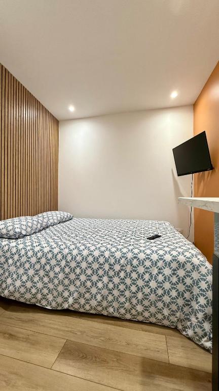 une chambre avec un lit avec une couverture bleue et blanche dans l'établissement Le carmes studio - Hypercentre Orléans, à Orléans