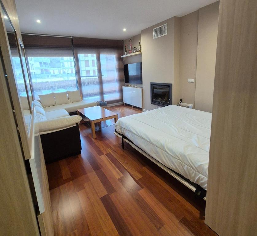 1 dormitorio con cama, sofá y chimenea en Las Margas Apartamento, en Sabiñánigo