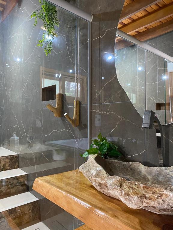 a bathroom with a sink and a shower at Mundarium - Chalés Temáticos com Hidromassagem e Cromoterapia in Santo Antônio do Pinhal