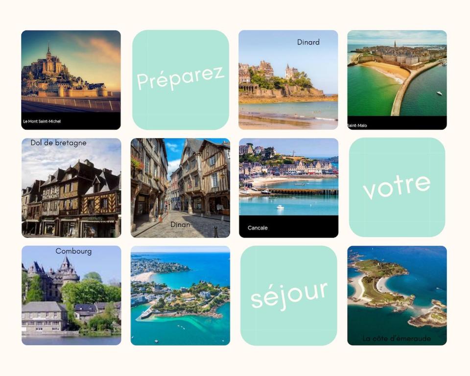 un collage d'images de villes dans l'établissement MAISON comprenant 2 logements à louer ensemble ou séparément capacité jusqu'à 10 personnes plus 2 bébés Idéalement placé pour visiter le Mt St Michel, St Malo et ses alentours, à Saint-Marcan