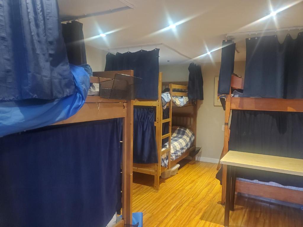 a room with three bunk beds and a table at The Calgary Hub hostel style Home in Calgary