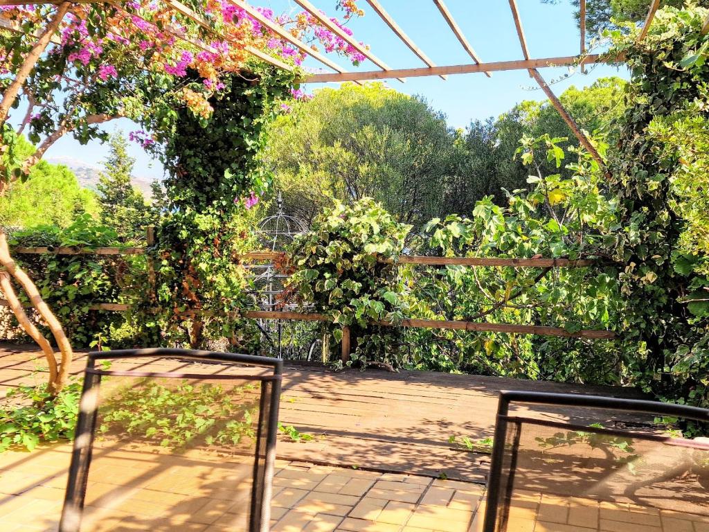 une chaise assise sur une terrasse dans un jardin dans l'établissement Appartement 3 pièces avec jardin, proche du port et du centre, idéal pour vacances à Banyuls-sur-Mer - FR-1-309-465, à Banyuls-sur-Mer