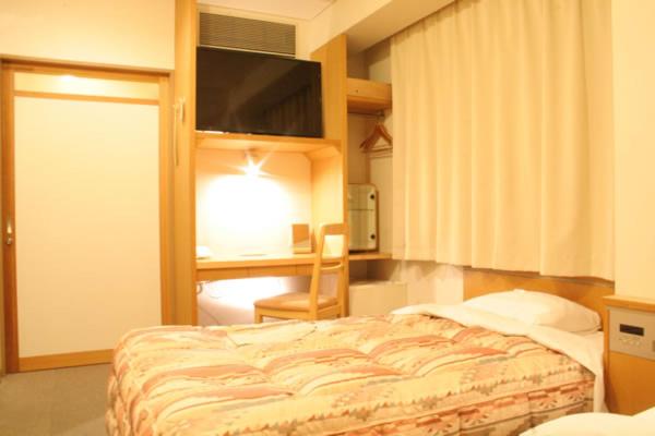 a bedroom with a bed and a desk and a television at Hotel Estacion Hikone in Hikone