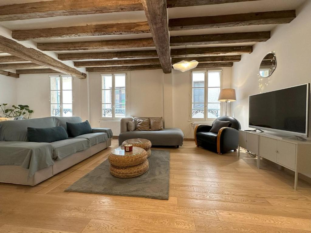 un salon avec un canapé et une télévision dans l'établissement L'Harmonie chartraine, à Chartres