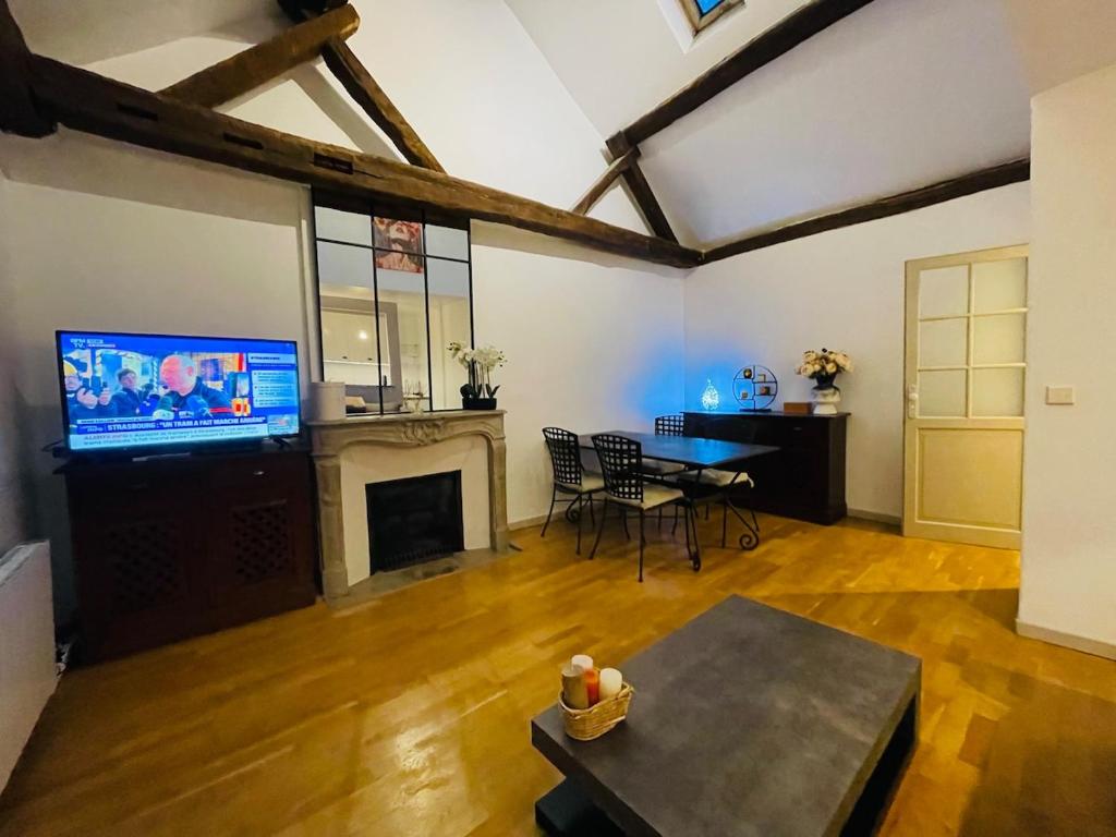 un salon avec une télévision et une cheminée dans l'établissement Magnifique & atypique appartement aux portes du château, à Versailles