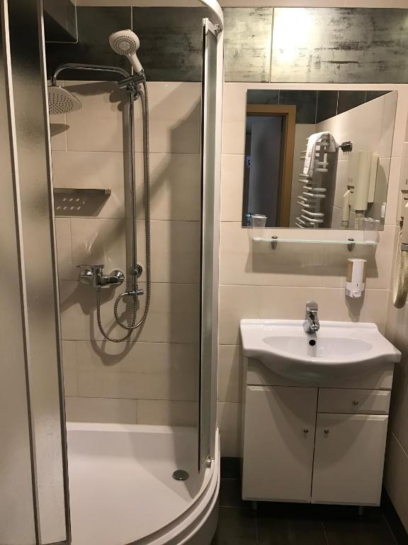 łazienka z prysznicem i umywalką w obiekcie Pensjonat Fitness & Spa Gregor w Zielonej Górze