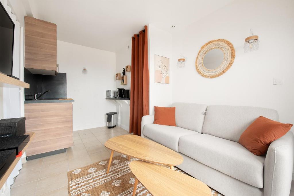 un salon avec un canapé et une table dans l'établissement Studio sur les toits de Toulouse - proche métro, à Toulouse