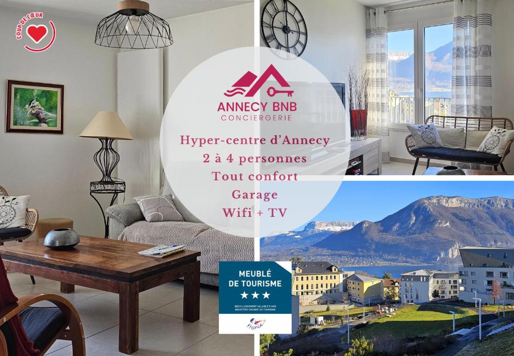 - un panneau pour un salon avec vue sur la montagne dans l'établissement Le Tresor Alpin, vue lac, 2 chambres, garage, à Annecy