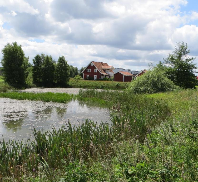 une maison rouge dans un champ à côté d'une rivière dans l'établissement Bettis, à Tostedt