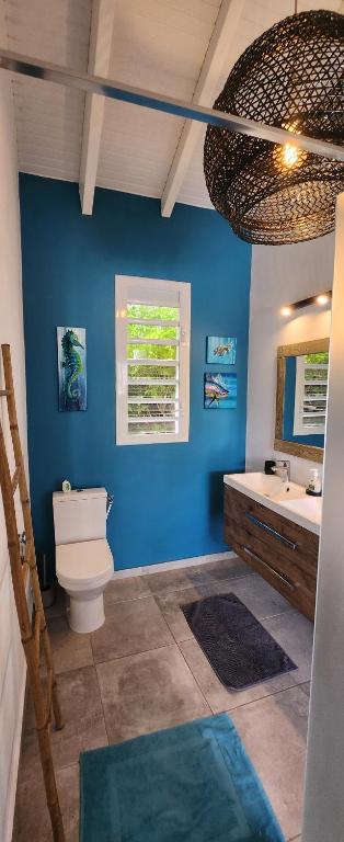a blue bathroom with a toilet and a sink at Villa MiLouMa in Saint-François