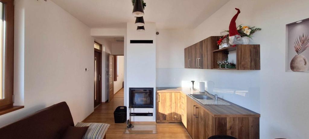 a kitchen with a sink and a counter top at Uroczysko nad Jeziorem Żywieckim in Zarzecze