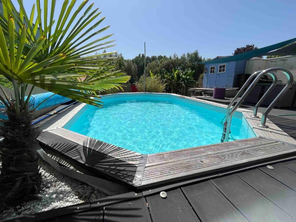 une piscine avec une terrasse et un palmier dans l'établissement home sweet home, au Mans