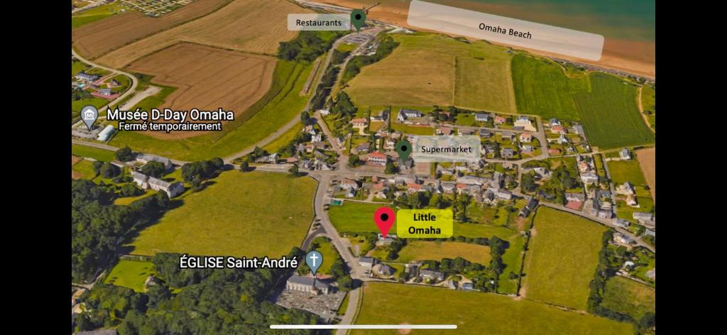 a map of a village with a red circle at Little Omaha in Vierville-sur-Mer