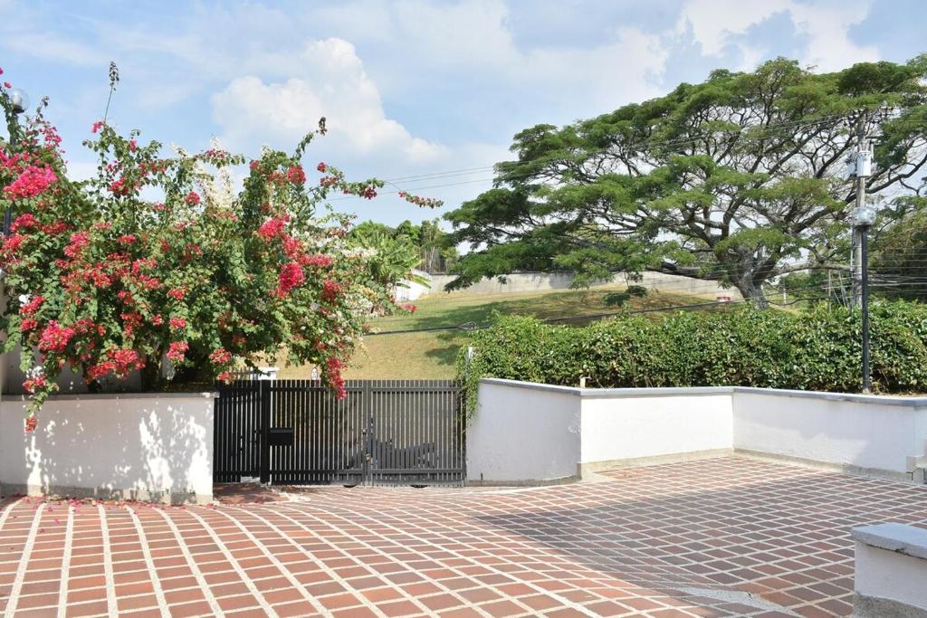 - un jardin avec une clôture et des fleurs sur une terrasse dans l'établissement spectacular Casa Ashley, à Cali