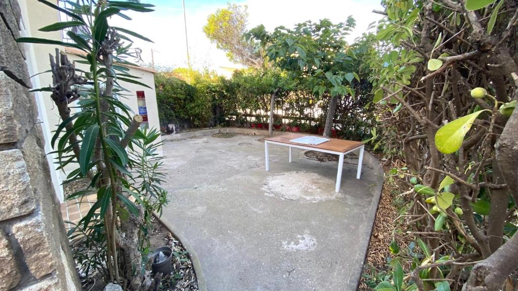 un banc au milieu d'un jardin dans l'établissement Grand appartement, en bord de mer, 8 à 10 personnes, à Saint Pierre La Mer
