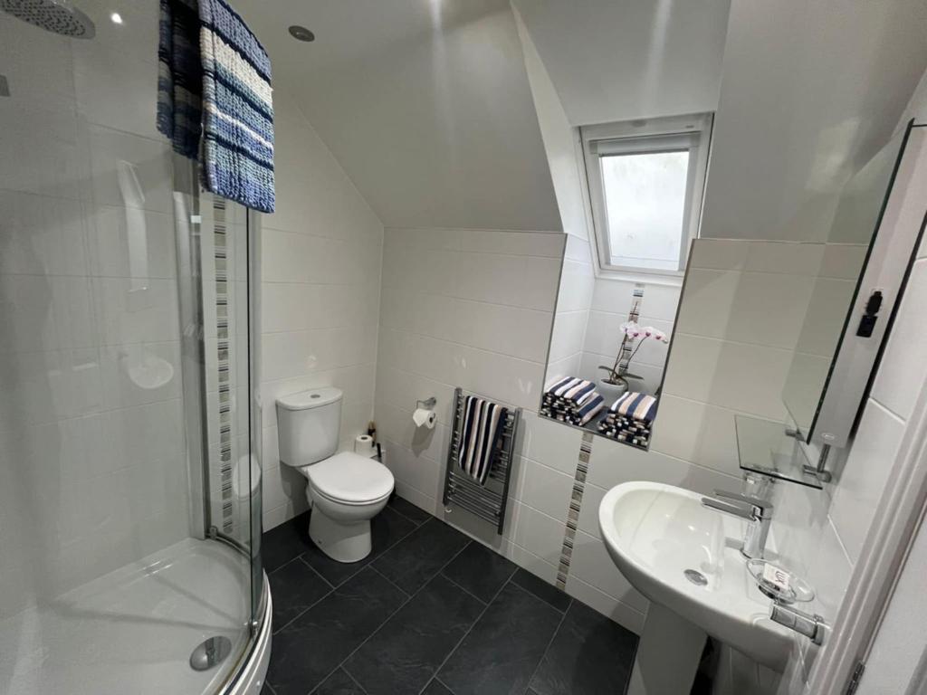 a white bathroom with a toilet and a sink at Elysian Fields B&B in Helston