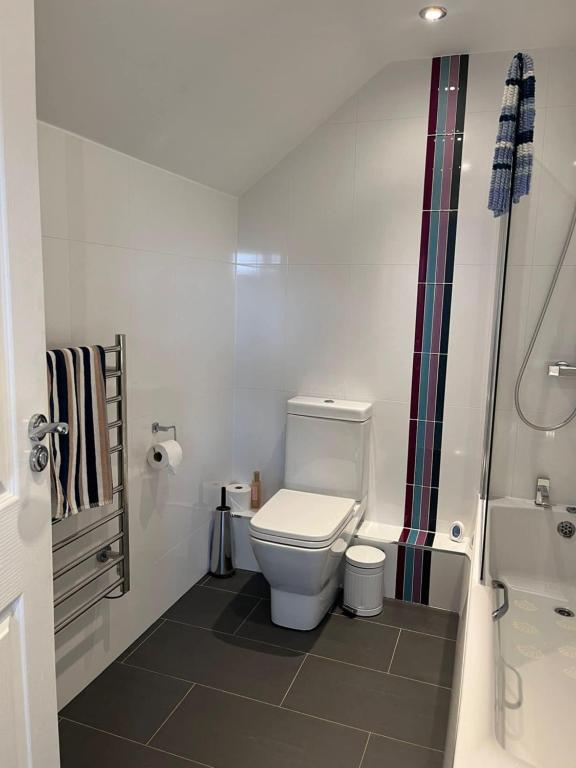 a white bathroom with a toilet and a shower at Elysian Fields B&B in Helston
