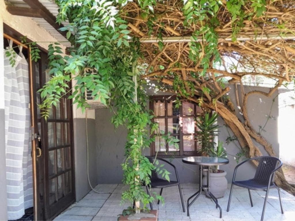 eine Terrasse mit einem Tisch und Stühlen unter einem Baum in der Unterkunft Agua de rio in San Luis