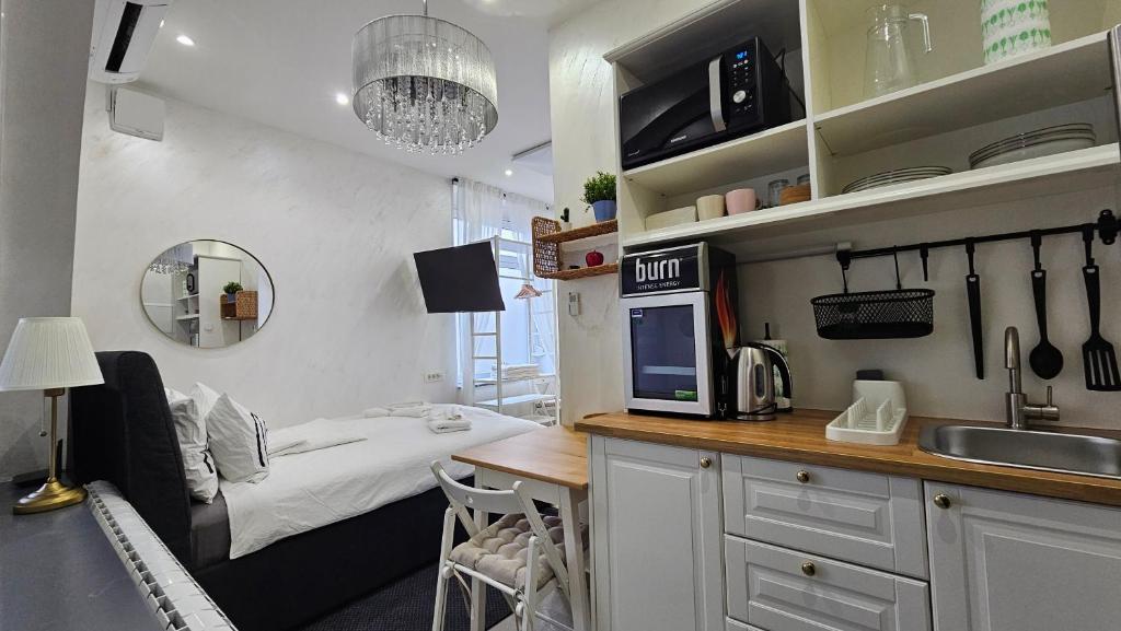 Zimmer mit einem Bett und einer Küche mit einer Mikrowelle in der Unterkunft Teeny tiny in Šentvid