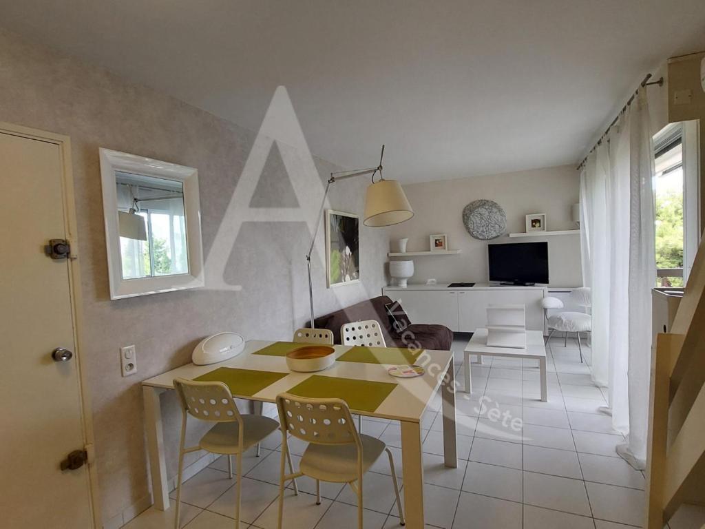 une cuisine et un salon avec une table et des chaises dans l'établissement T2 avec espace nuit en mezzanine et 2 terrasses, à Sète