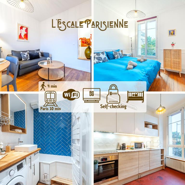 un collage de photos d'une cuisine et d'un salon dans l'établissement L'Escale Parisienne Charmant T2 proche métro et Paris, à Pantin