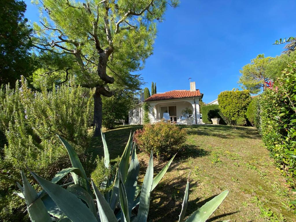 a garden with a house in the background at Villa trilocale CON SPIAGGIA E PISCINA incluse - Taunus Vacanze Villa Primule in Numana