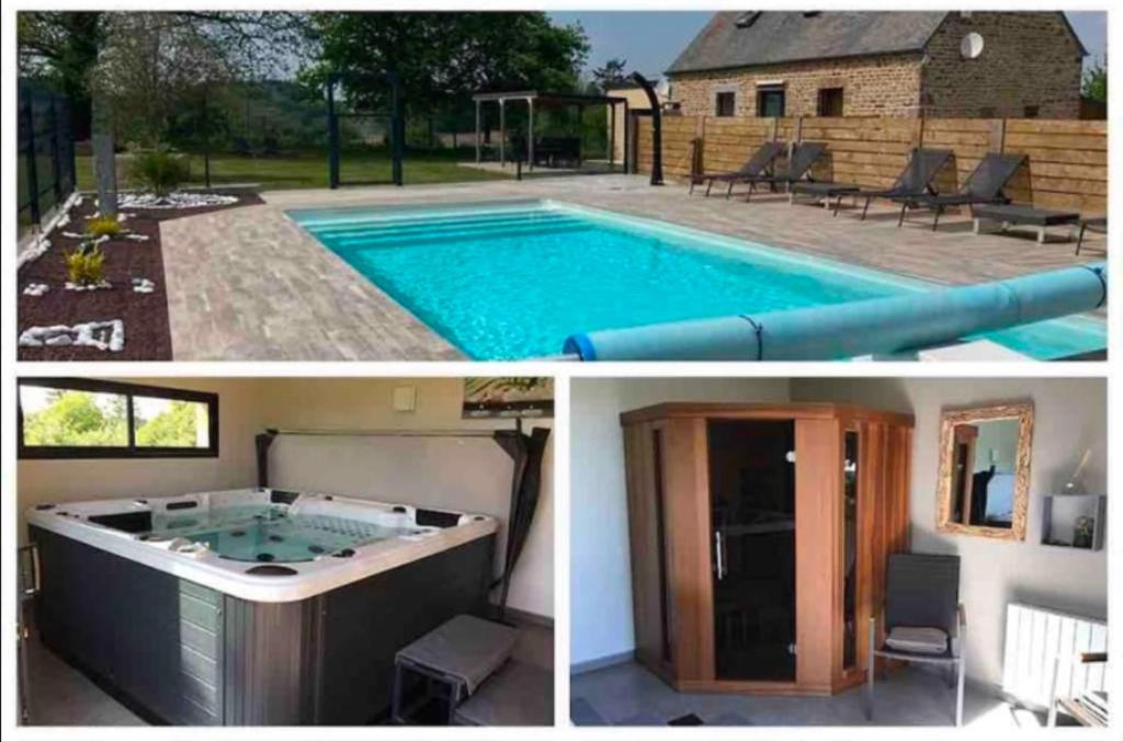 deux photos d'une piscine et d'une maison dans l'établissement La Miltière, maison avec piscine, spa et sauna, à Isigny-le-Buat