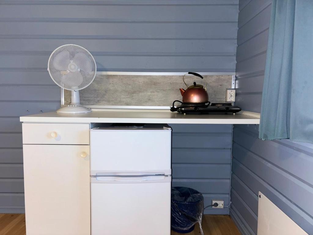 a kitchen with a white stove and a fan at Winjum Cabin Aurland Stegastein in Aurland