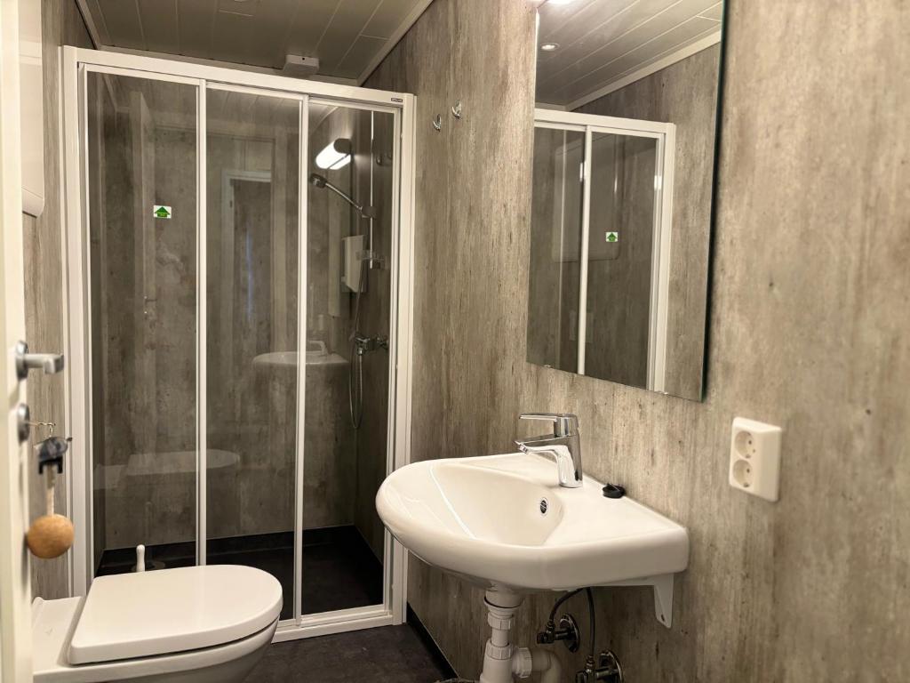 a bathroom with a sink and a shower and a toilet at Winjum Cabin Aurland Stegastein in Aurland