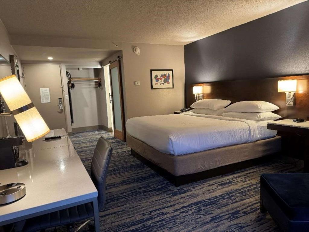 a hotel room with a large bed and a desk at Skyline Hotel Detroit Airport, SureStay Collection by Best Western in Romulus