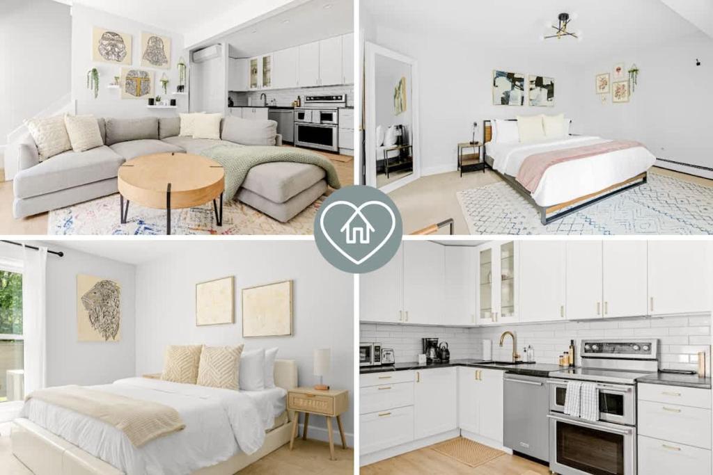 a collage of photos of a bedroom and a living room at Bright & Modern - King Suite - Creekside Trail in Boulder