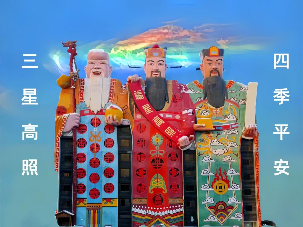 three statues of three men standing next to each other at 福禄寿酒店 in Beiwusidui