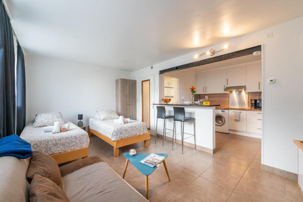 un salon avec un canapé et une cuisine dans l'établissement Les Coteaux 3 - Studio à 10min de Paris, à Argenteuil