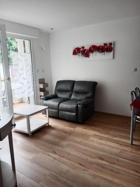 un salon avec un canapé noir et une table dans l'établissement DIGNE LES BAINS, à Digne-Les-Bains