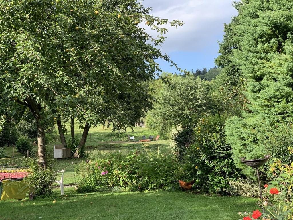 un giardino con alberi e fiori nell'erba di Les Brunières a Tourville-en-Auge