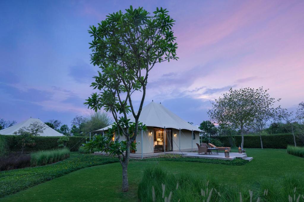 a small white tent in a field with a tree at The Oberoi Vindhyavilas Wildlife Resort, Bandhavgarh in Tāla