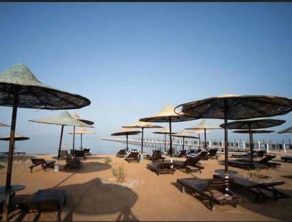 a beach with chairs and umbrellas on the sand at Fox Beach Inn in Hurghada