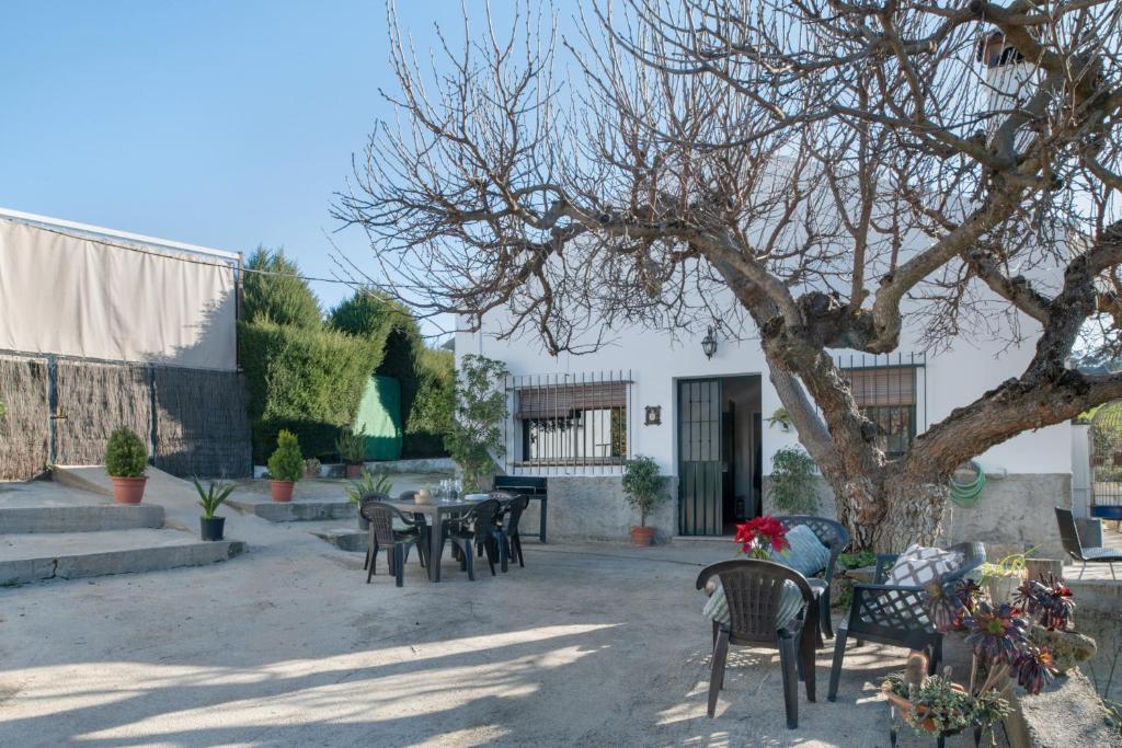 eine Terrasse mit Tischen und Stühlen und einem Baum in der Unterkunft Casa rural El Moral in Prado del Rey