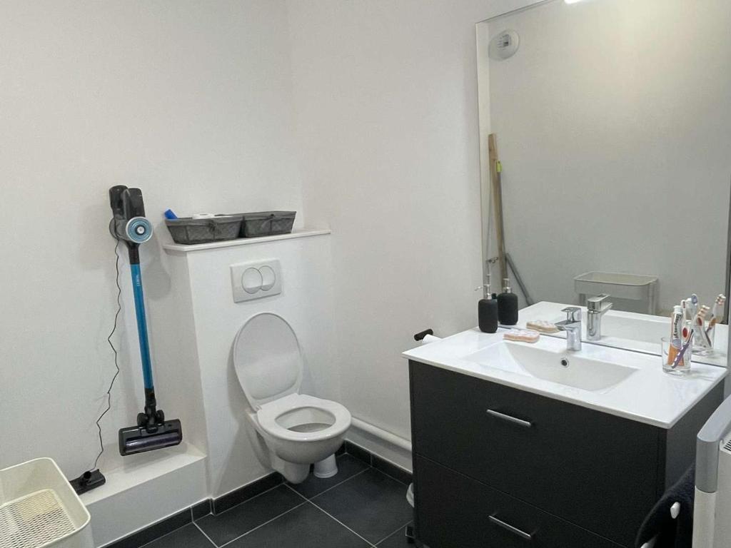 Łazienka z białą toaletą i umywalką w obiekcie Appartement face mer pour 4 pers, déco soignée, balcon, garage, animaux acceptés - FR-1-236-155 w mieście Cucq