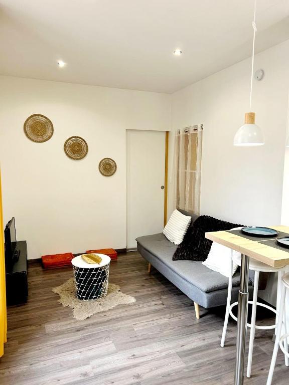 un salon avec un canapé et une table dans l'établissement Charmant appartement au Centre-ville de Dijon, à Dijon